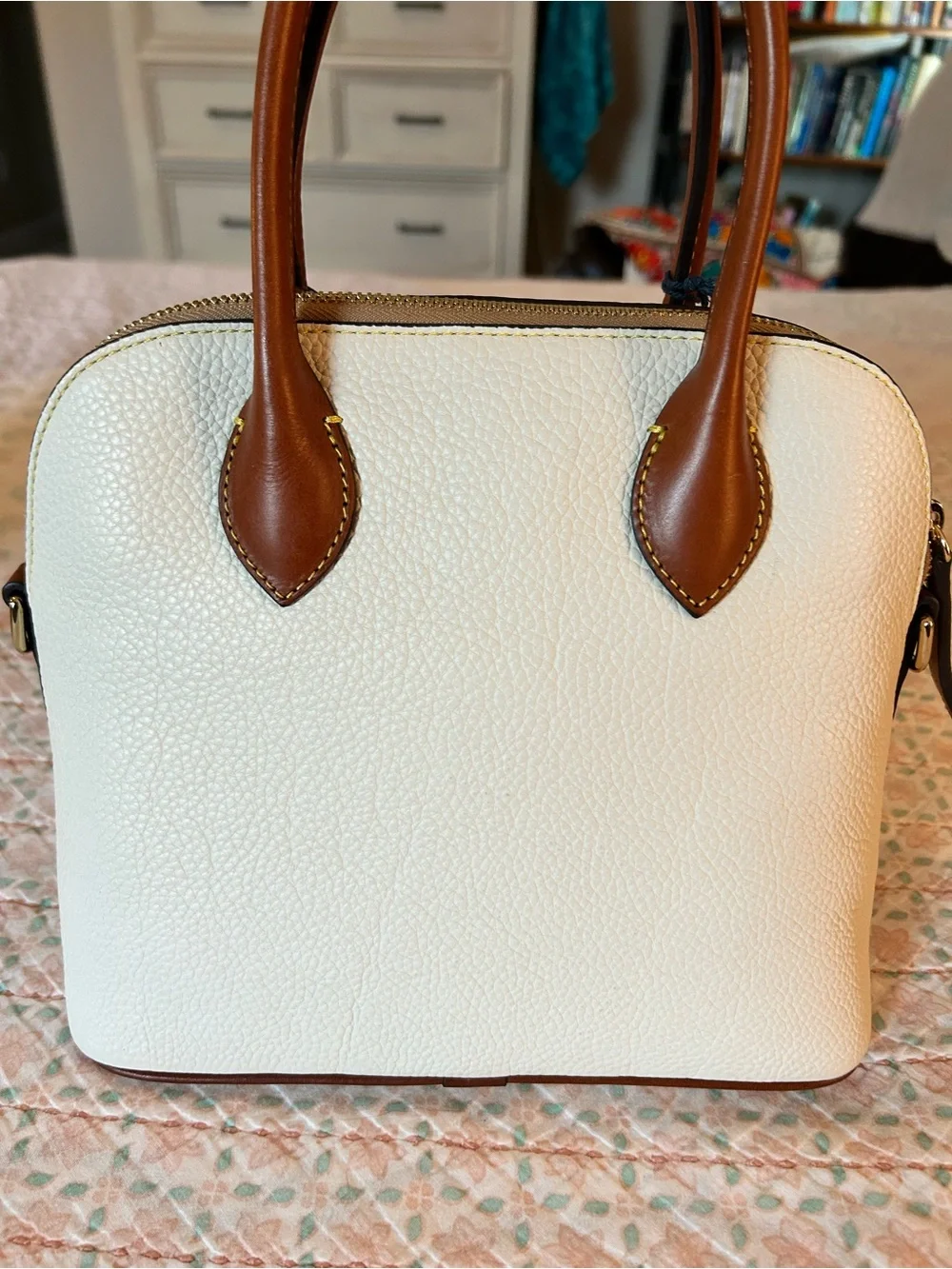NWT $298 Dooney & Bourke Pebble Leather Domed Satchel Bag White Saddle Handbag